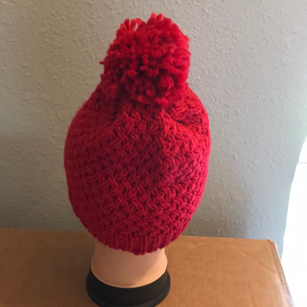 Red Knit Winter Beanie with Red Poof ontop - Picture 3 of 3
